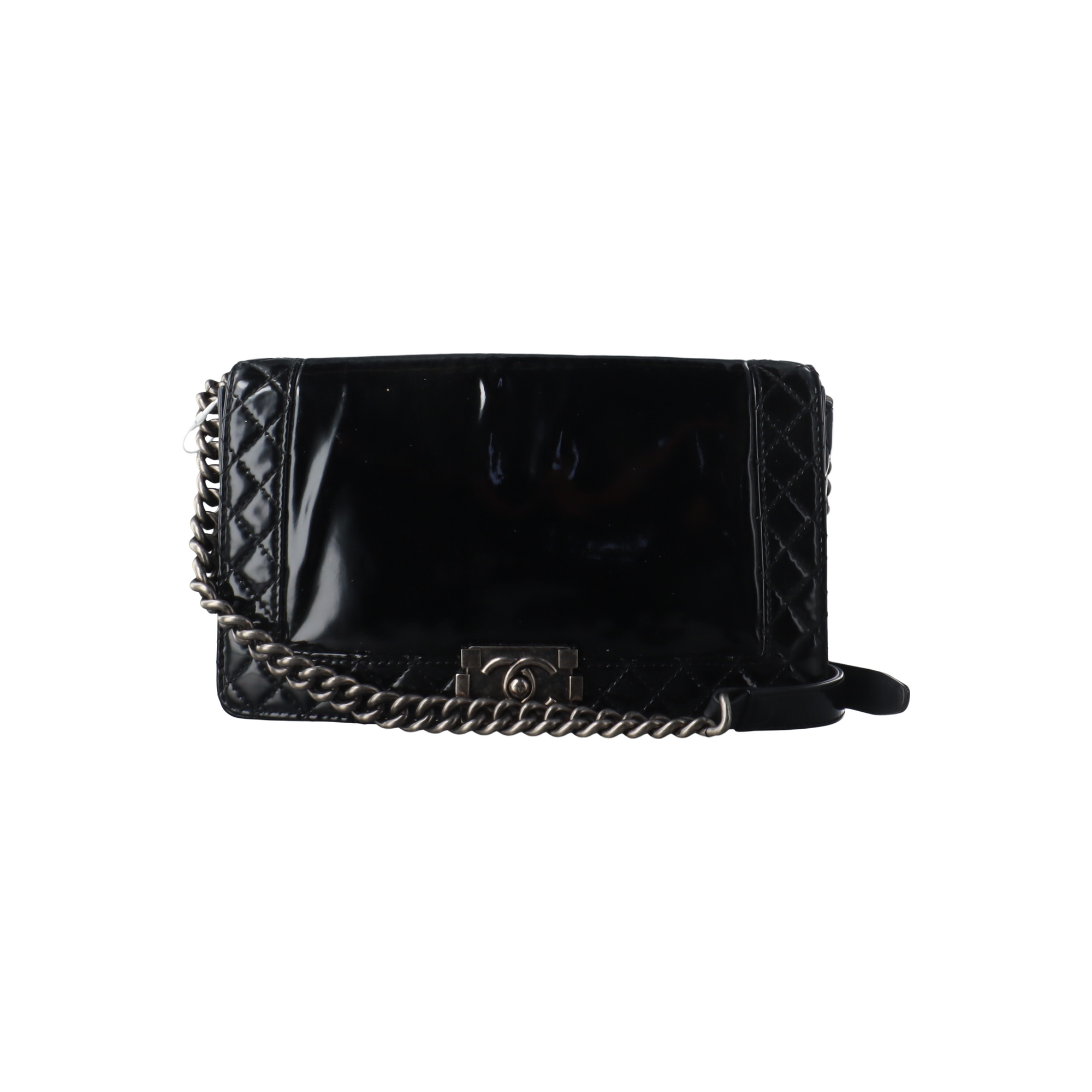 Authenticated pre-owned  Boy Chanel Large Quilted Patent Leather Black - Handbags at Looply