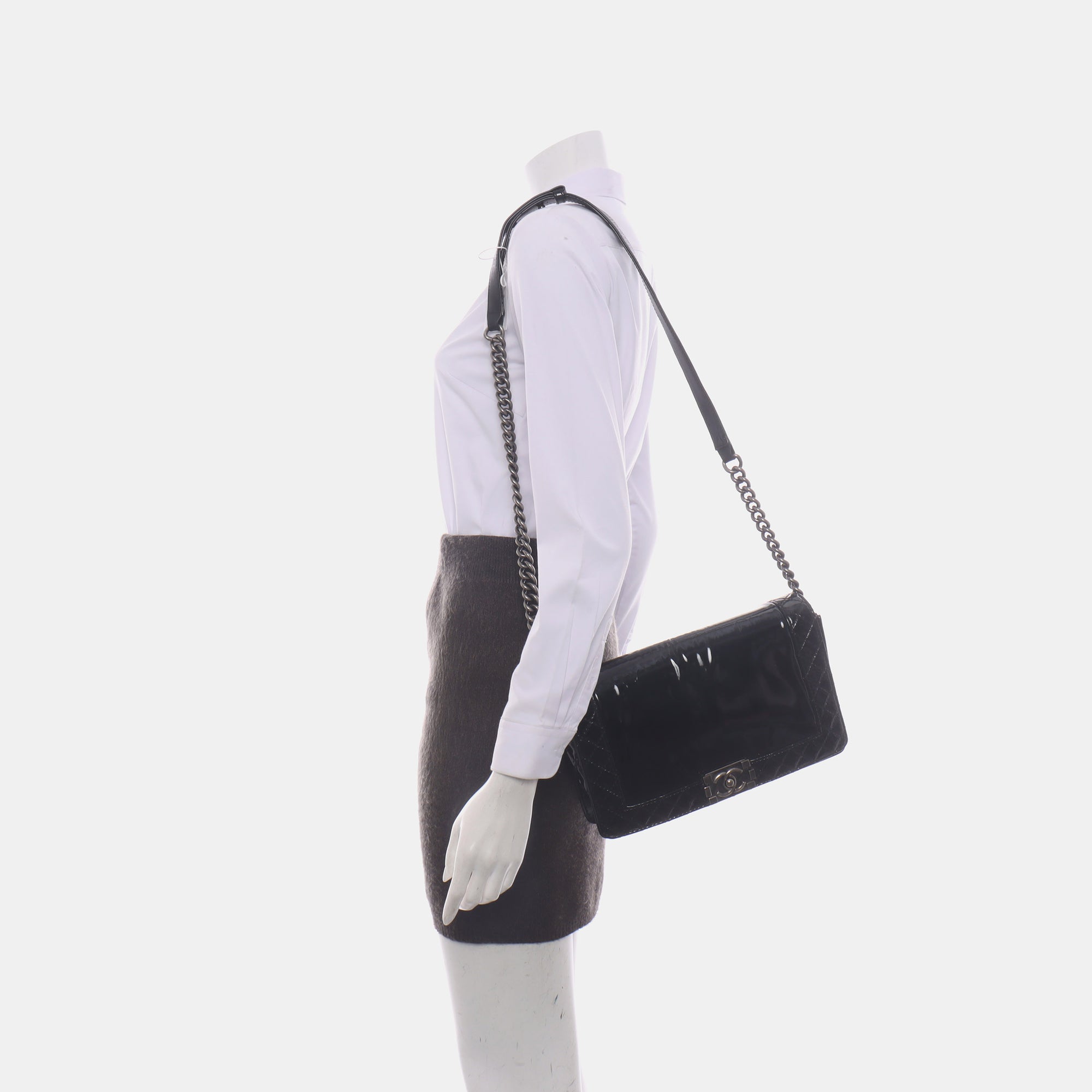 Authenticated pre-owned  Boy Chanel Large Quilted Patent Leather Black - Handbags at Looply