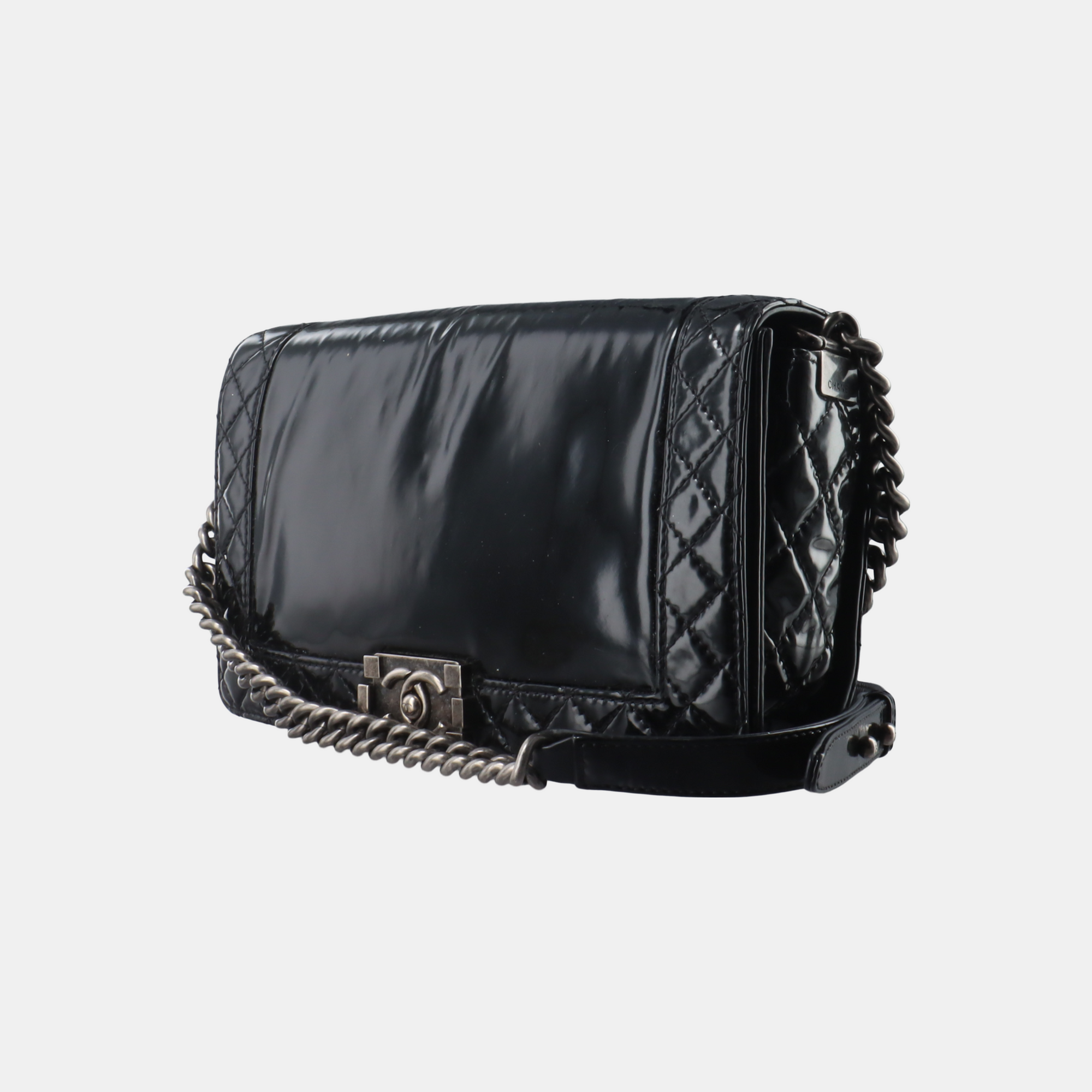 Authenticated pre-owned  Boy Chanel Large Quilted Patent Leather Black - Handbags at Looply