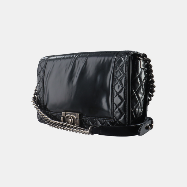 Authenticated pre-owned  Boy Chanel Large Quilted Patent Leather Black - Handbags at Looply