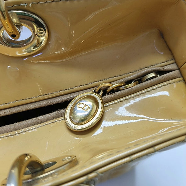 Authenticated pre-owned  Lady Dior Large Patent Leather Yellow - Top Handle Bag at Looply