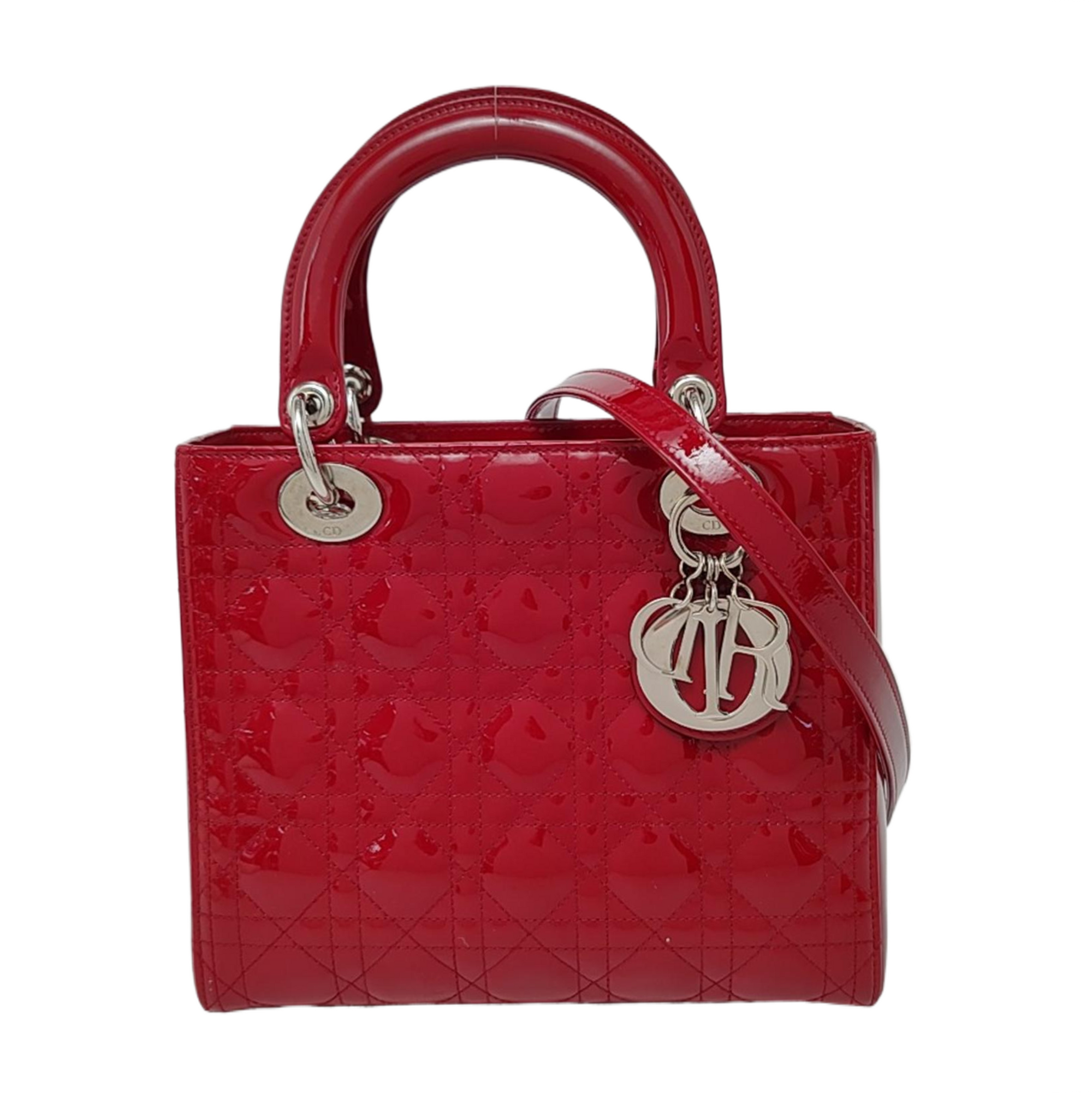Authenticated pre-owned  Lady Dior Medium Patent Leather Red - Crossbody Bag at Looply