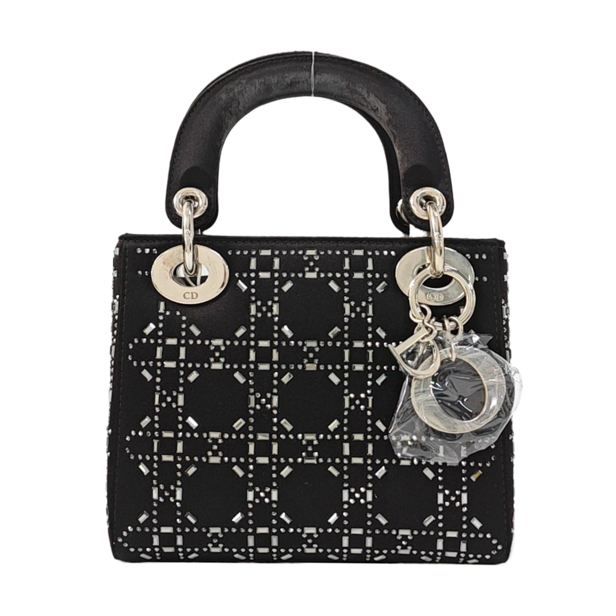 Authenticated pre-owned  Lady Dior Mini Silk Satin Black - Top Handle Bag at Looply