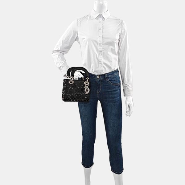 Authenticated pre-owned  Lady Dior Mini Silk Satin Black - Top Handle Bag at Looply