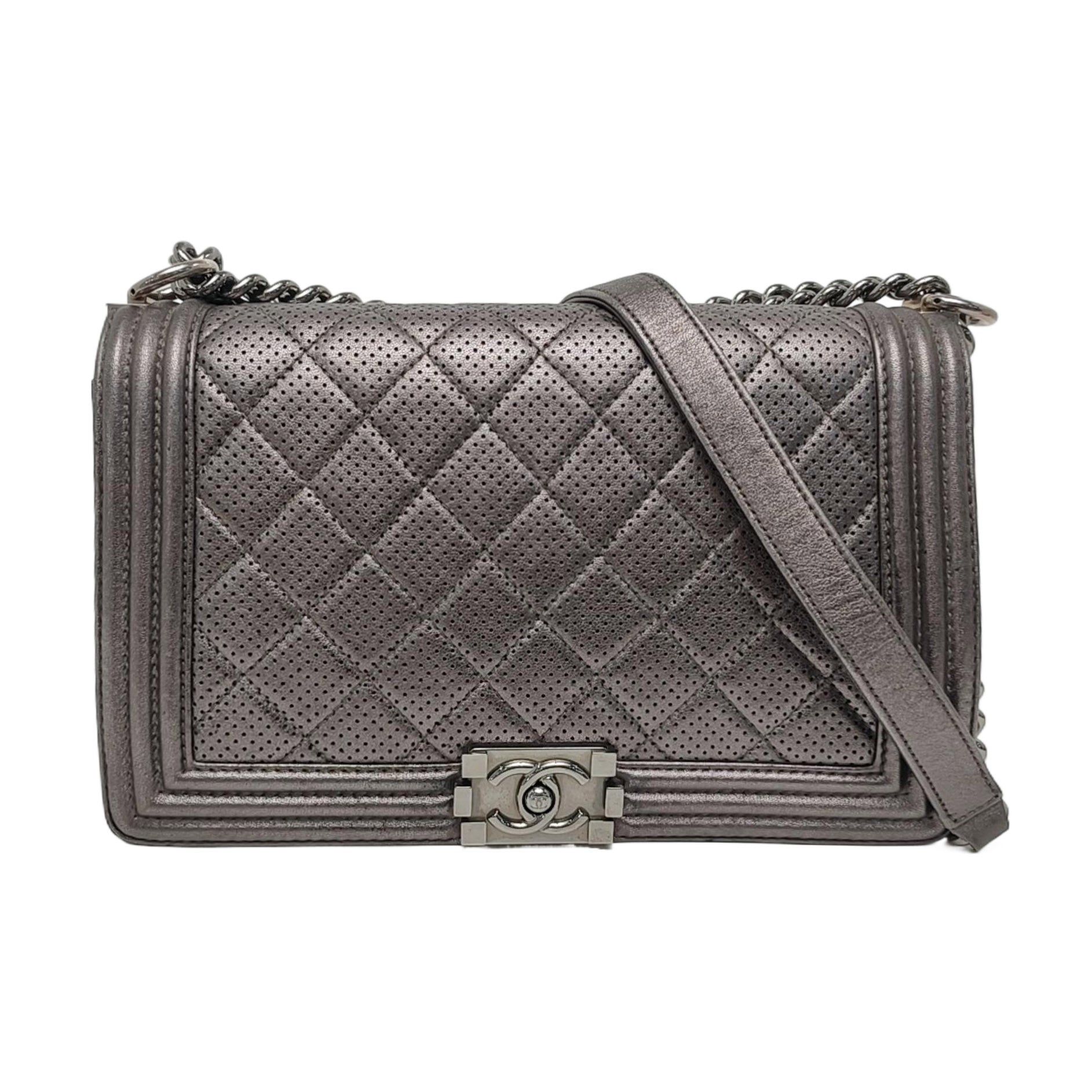 Authenticated pre-owned  Boy Chanel Large Quilted Lambskin Gray - Crossbody Bag at Looply