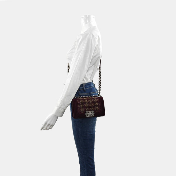 Authenticated pre-owned  Boy Chanel Small Velvet Burgundy - Shoulder Bag at Looply