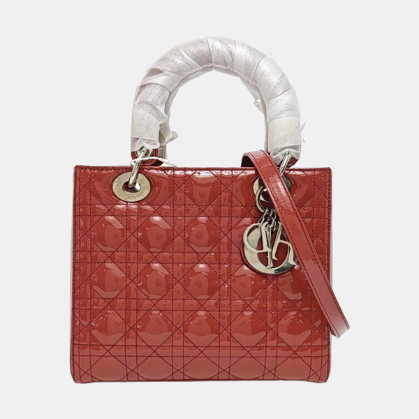 Authenticated pre-owned  Lady Dior Medium Patent Leather Red - Shoulder Bag at Looply