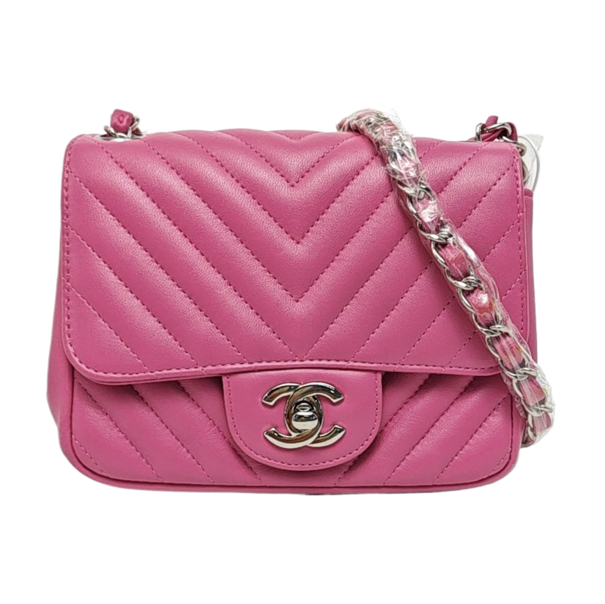 Authenticated pre-owned  Classic Flap Mini Square Chevron Lambskin Pink - Crossbody Bag at Looply