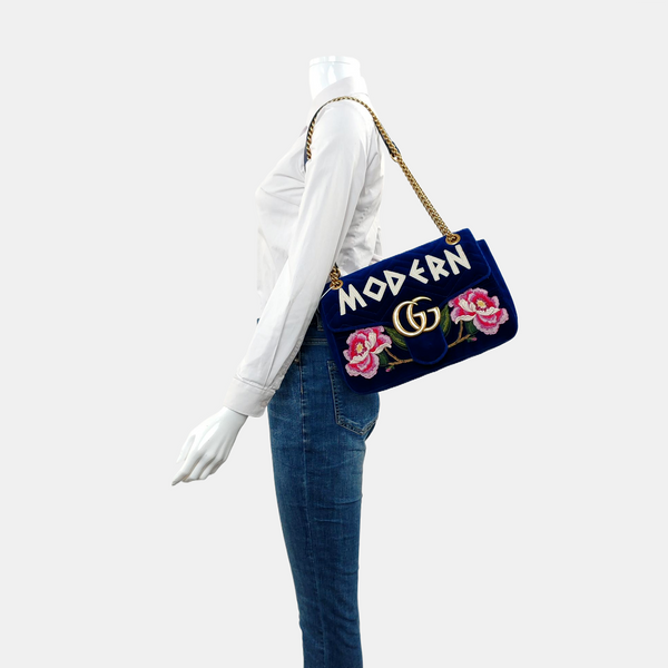 Authenticated pre-owned  GG Marmont Large Velvet Blue - Shoulder Bag at Looply