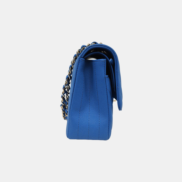 Authenticated pre-owned  Classic Flap Medium Chevron Grained Calfskin Blue - Shoulder Bag at Looply