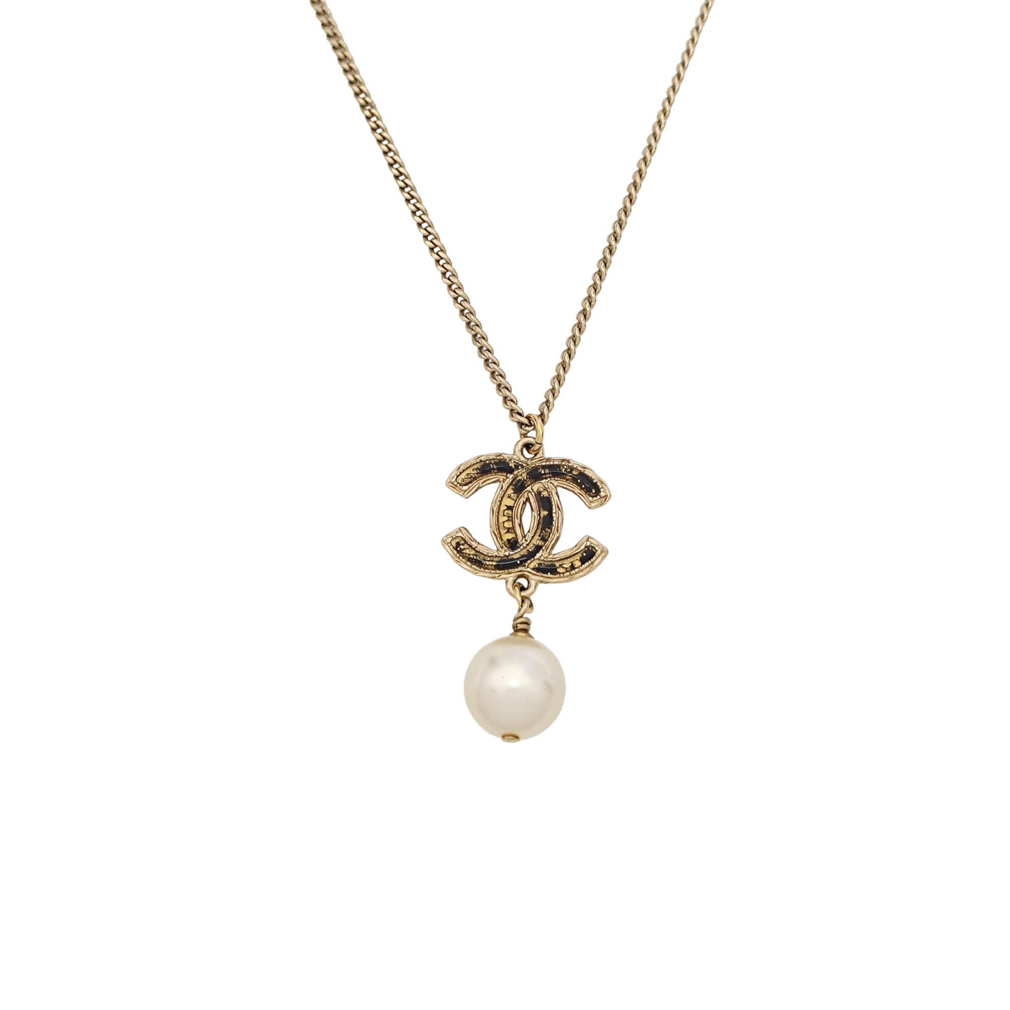 Authenticated pre-owned  Black CC And Pearl Drop Gold-tone Metal Necklace - Necklace at Looply