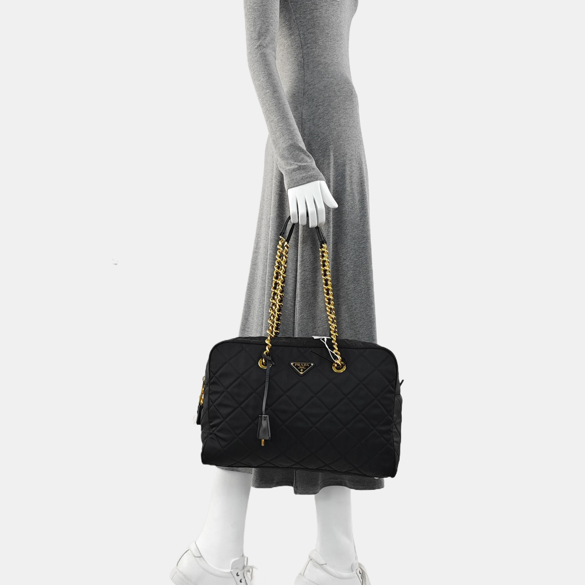 Quilted Nylon Top Handle Bag Black